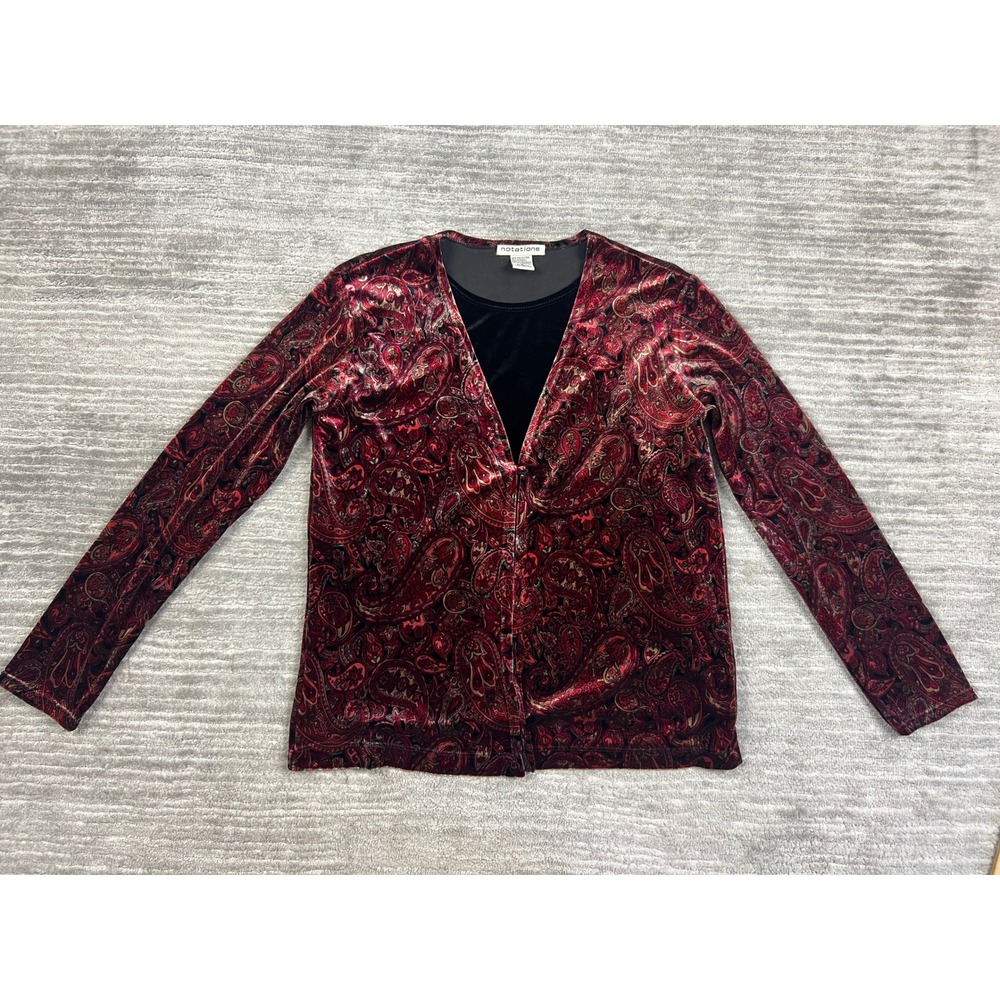 Notations Top Womens S Burgundy Paisley Velvet Faux Layered Long Sleeve V-Neck